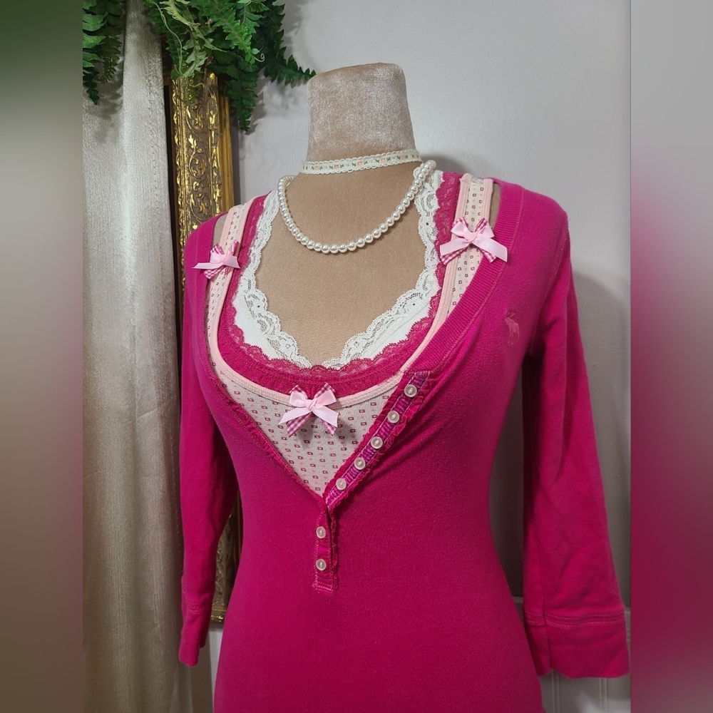 ♡ Y2K ♡ Abercrombie Hot Pink Button Down Babydoll Henley Top - Picture 2 of 11